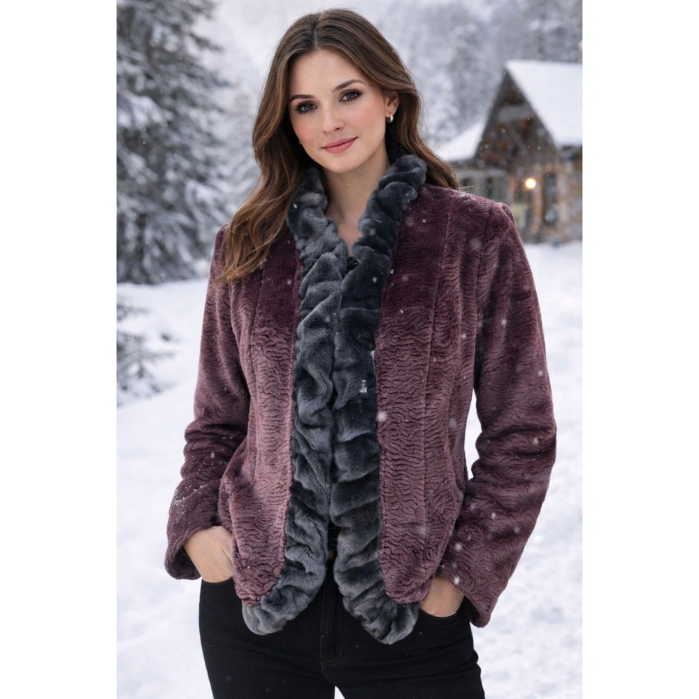 NWT Dennis Basso Faux Fur Textured Velvet Plum Coat‎ Size Small Glam Evening